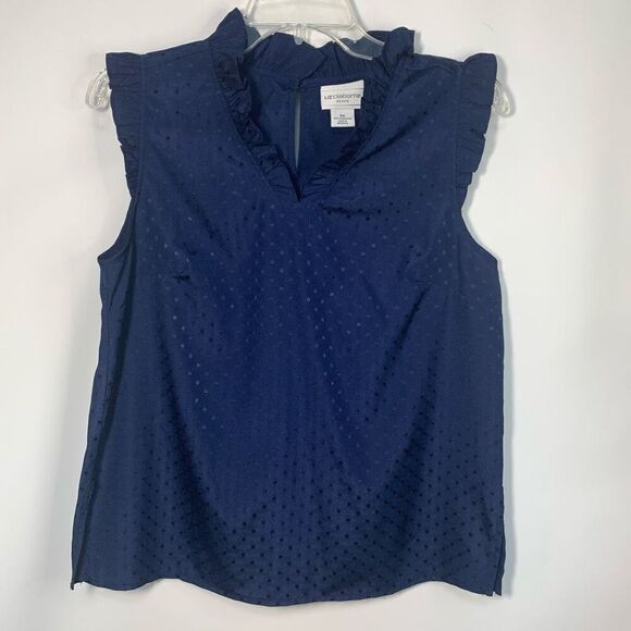 Liz Claiborne Women's Swiss Dot Ruffle Blouse Dark Blue Size PS - Picture 1 of 7